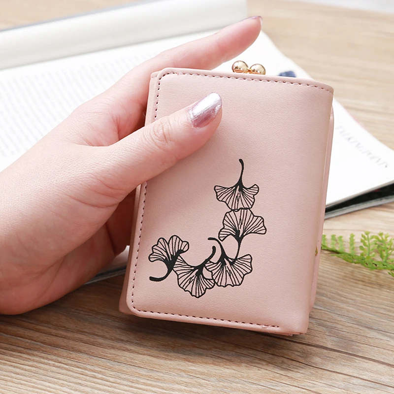 pink Женский кошелек, женские короткие кошельки, Мини кошельки с листьями гинкго, маленькие складные кошельки из искусственной кожи, женский кошелек, держатель для карт - Цвет: pink