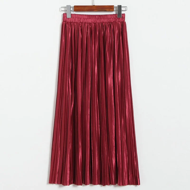 Aonibeier Women Pleated Skirt Long Skirt Elastic High Waist Midi Skirt Autumn Sexy Fashion Female Vintage Metallic Skirts Womens - Цвет: Wine
