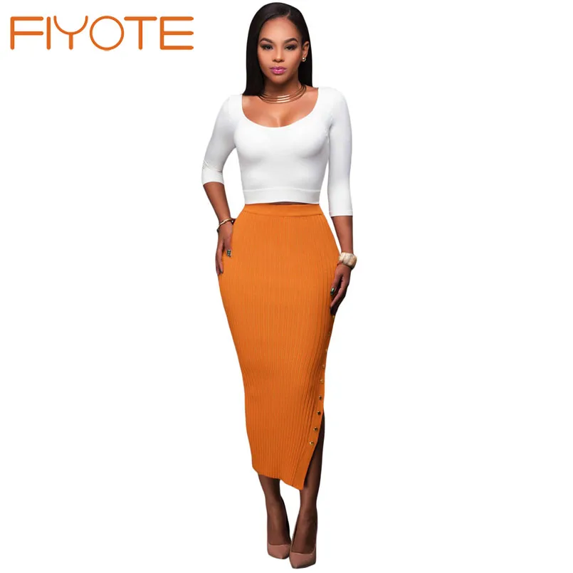 FIYOTE Осень Сексуальная Карандаш Юбки Woamn Белую Кнопку Разрез Стороны ребристые