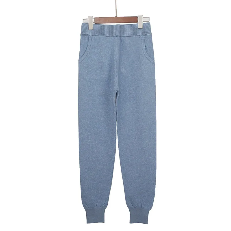 GIGOGOU/Женские повседневные трикотажные шаровары с люрексом; теплые трикотажные брюки; сезон осень-зима; свитер; Брюки с карманами - Цвет: light Blue  G111