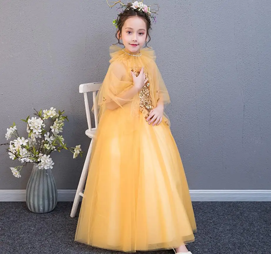 Girls Yellow Glitter Princess Tutu Dress Inspired Kids Rhinestone Wedding A-Line Children Prom Birthday Party HW2395 | Детская одежда и