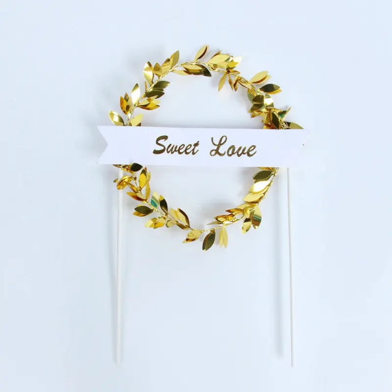gold sweet love Чернила с изображением зеленых листьев и венок «С Днем Рождения» «Sweet Love»(«Сладкая любовь»); "торт фигурки жениха и невесты; десерт украшения для День рождения прекрасные подарки - Цвет: gold sweet love