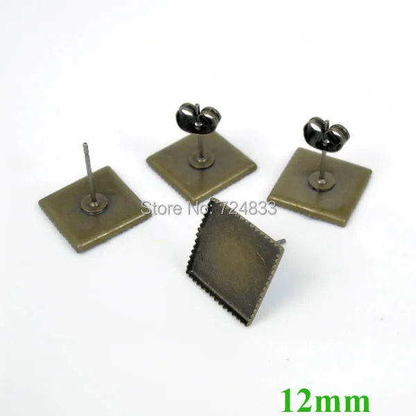 10 шт. Античная бронзовая основа для сережек с квадратной камеей размером 12 мм |