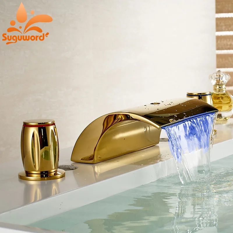 

Suguword Golden Bathroom Basin Faucet LED Light Waterfall Spout Tub 3 Holes Widespread Hot and Cold Water Mixer Tap