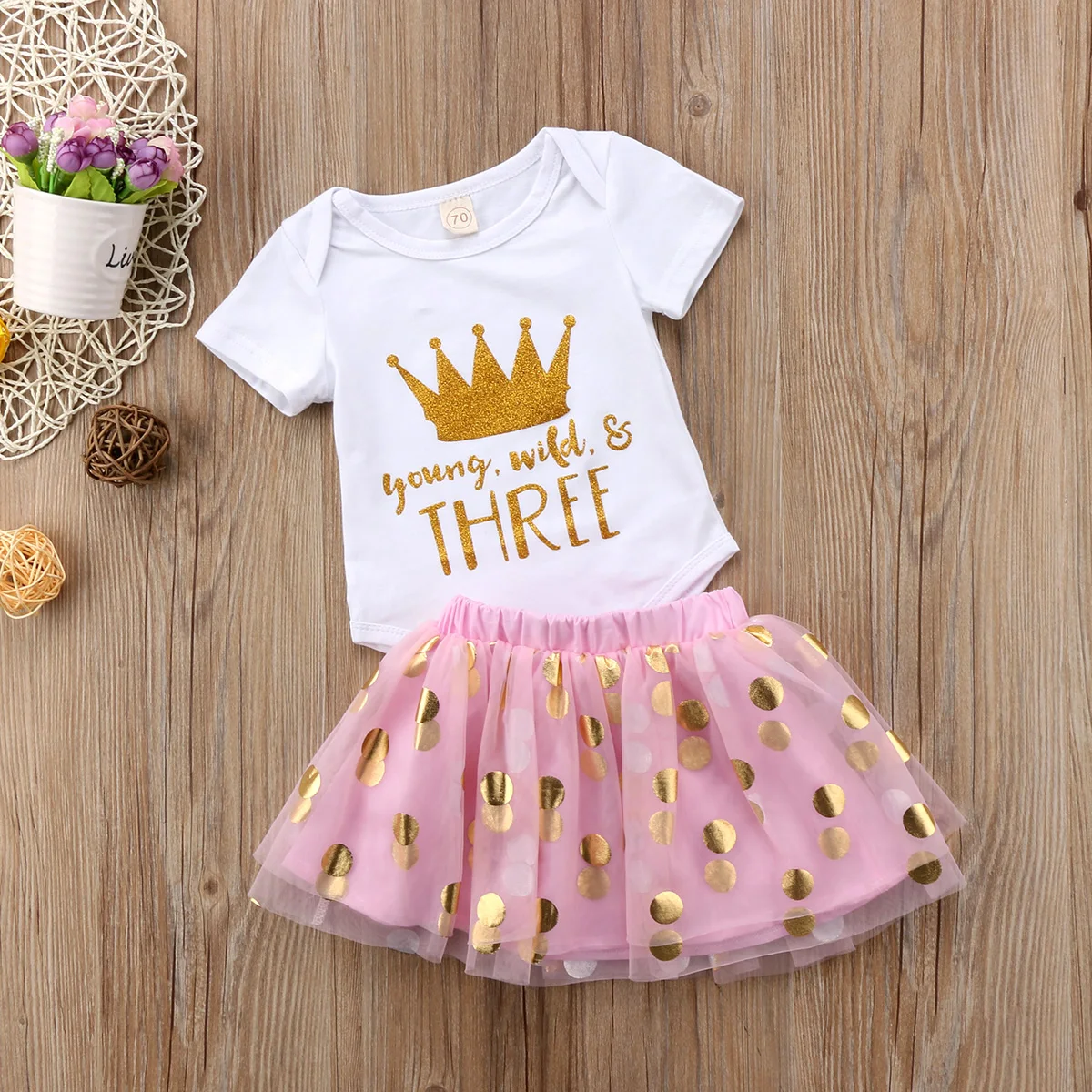 

Baby Girls Crown Three Birthday Romper Dress Princess Tutu Party Clothes 2PCS Set Clothes Casual Lace Short Sleeve Dresses