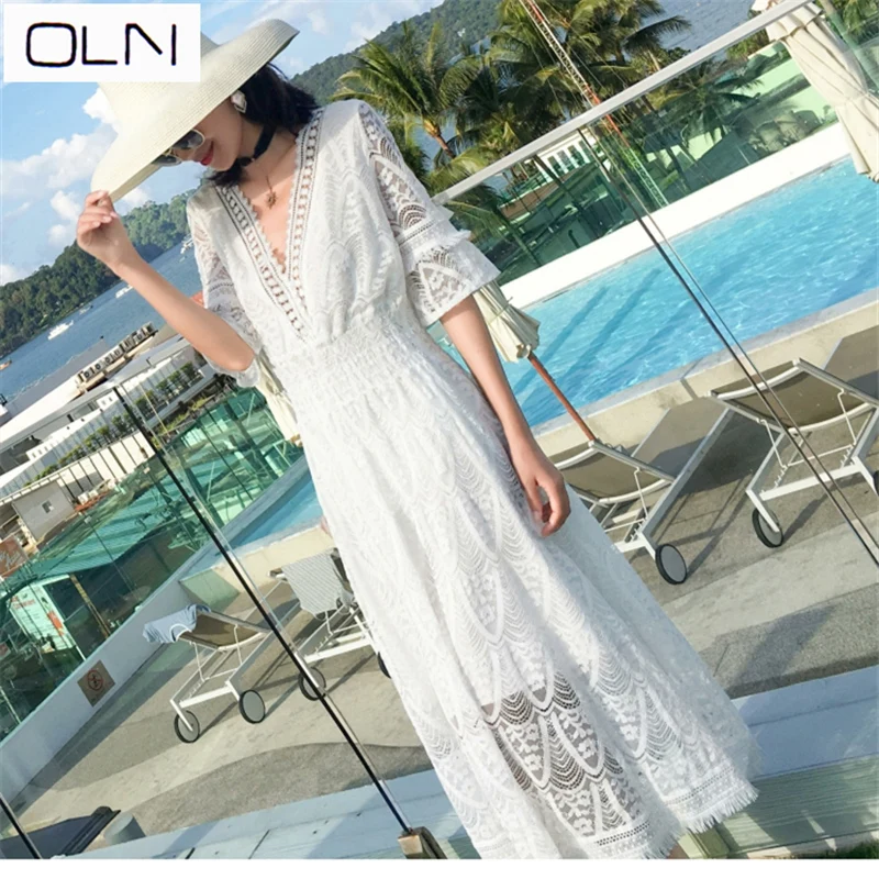 Корейское платье Новое поступление летнее oln кружевное ажурное с бахромой