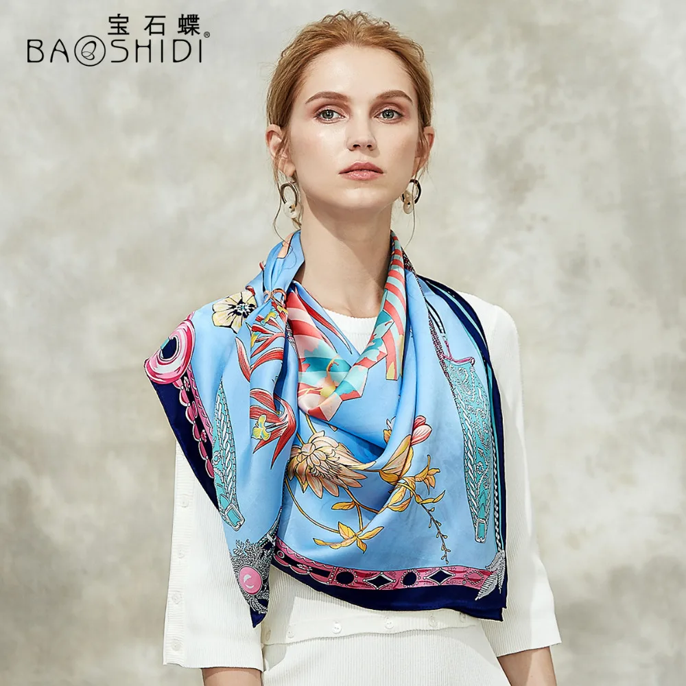 Женский атласный шарф BAOSHIDI платок из 100% шелка на 16 момме квадратный 106*106 с