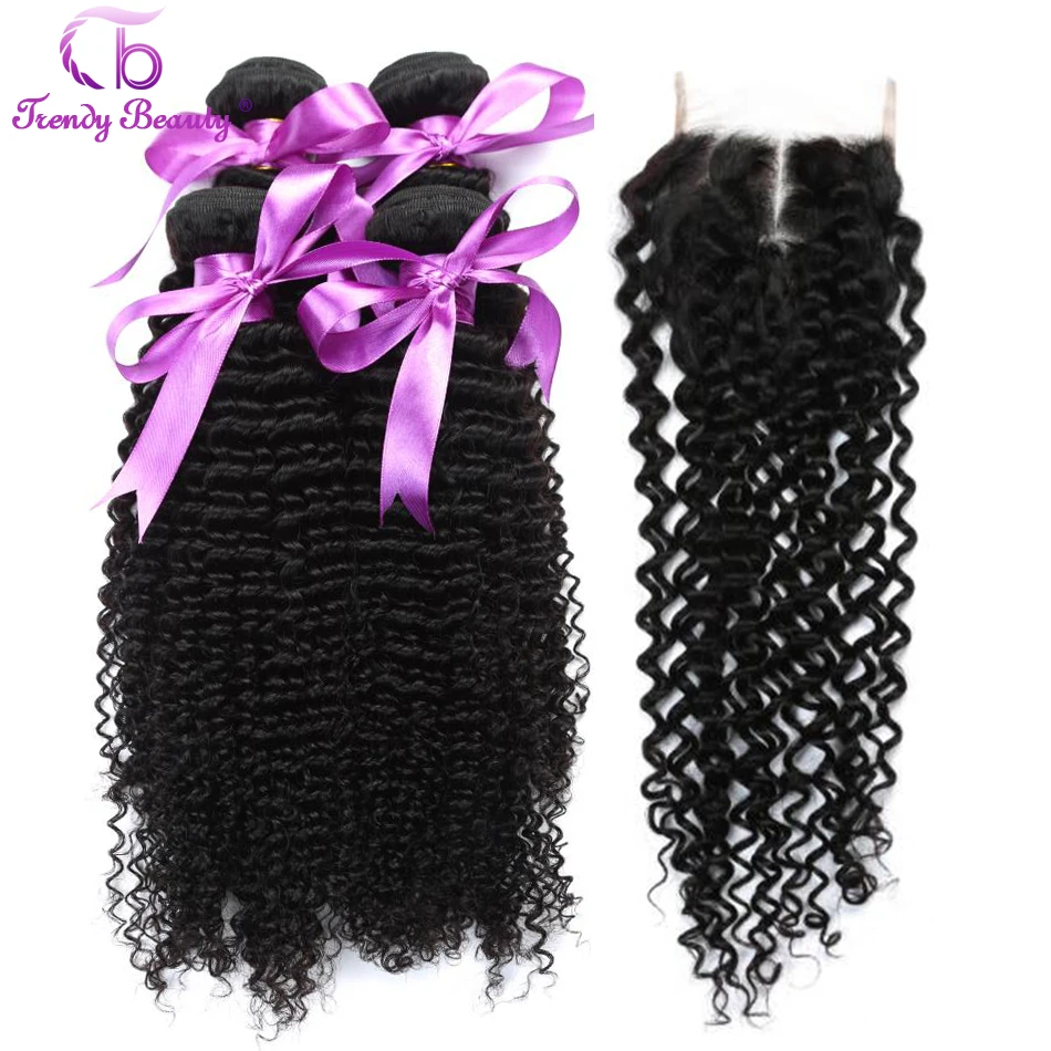 Brazilian Afro Kinky Curly Human hair 4 Bundles with 5x5 Lace Closure Human Hair Weaves Natural Black 5Pcs/Lot Trendy Beauty