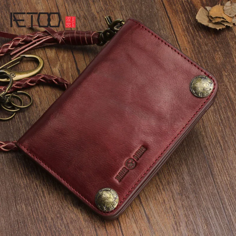 

AETOO Original retro multi-functional anti-theft chain cowhide vertical wallet buckle multi-card purse men and women wallet