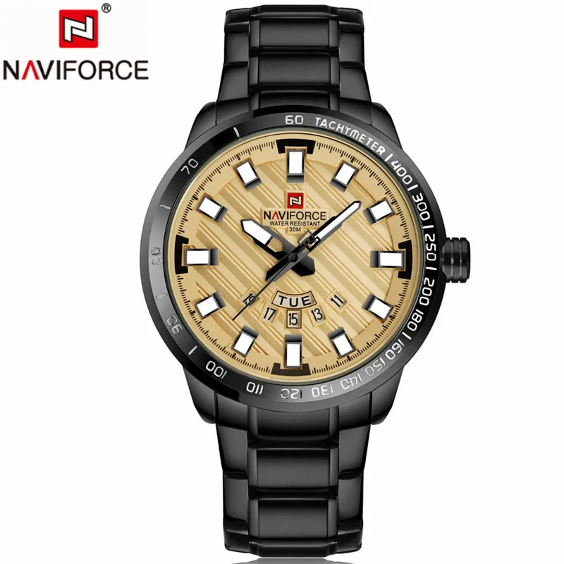 Известный бренд, деловые мужские часы, светящиеся,, NAVIFORCE, полностью Стальные кварцевые часы, мужские, водонепроницаемые, 30 м, мужские часы, Reloj Hombre - Цвет: black yellow