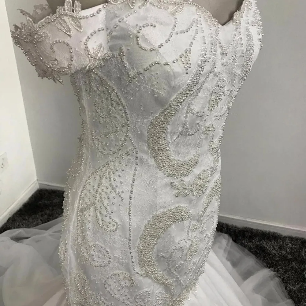 

High Quality Fashion Luxury White pearl Lace Mermaid Wedding Dresses Off The Shoulder Bridal Gown Custom Made Vestido De Noiva