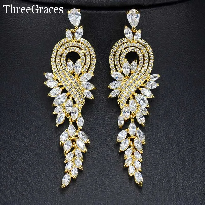 white ThreeGraces нигерийские женские ювелирные изделия золотого цвета, циркониевый камень в форме маркизы, большие длинные свисающие свадебные серьги для невесты ER301 - Окраска металла: white