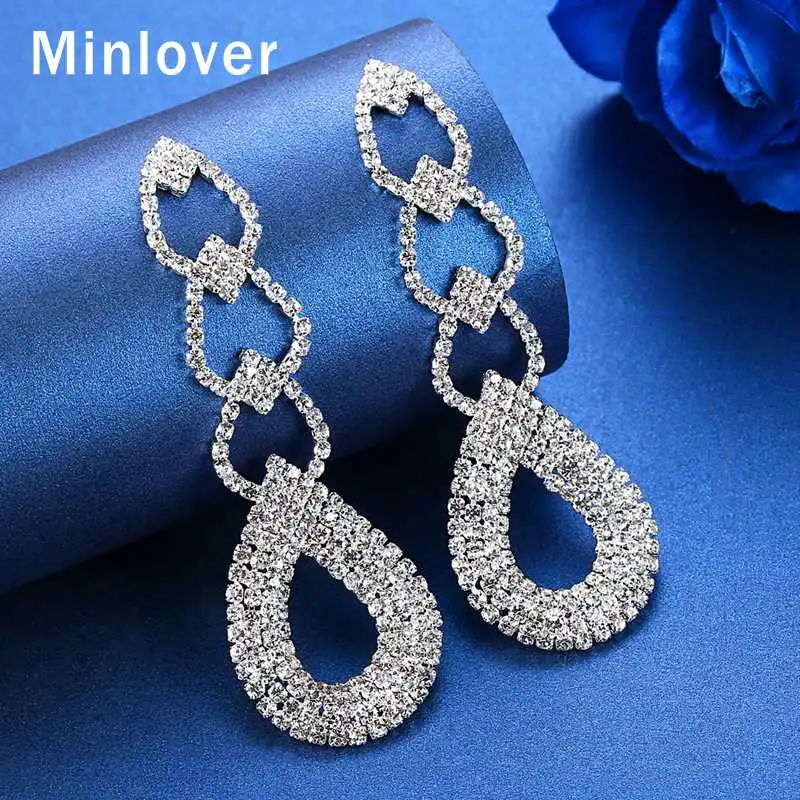 Minlover Rhinestone Geometric Long Pendant Drop Earrings Jewelry for Women Silver Color Hanging Dangle Wedding MEH1012 | Украшения и