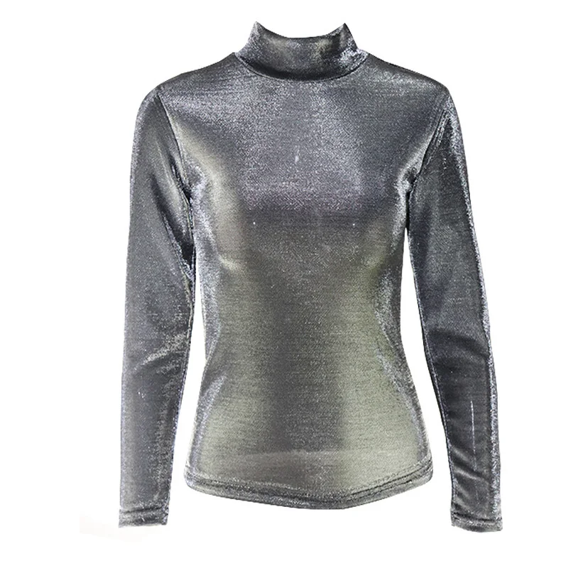 Модная женская одежда 2019 элегантная Серебристая футболка с высоким воротником