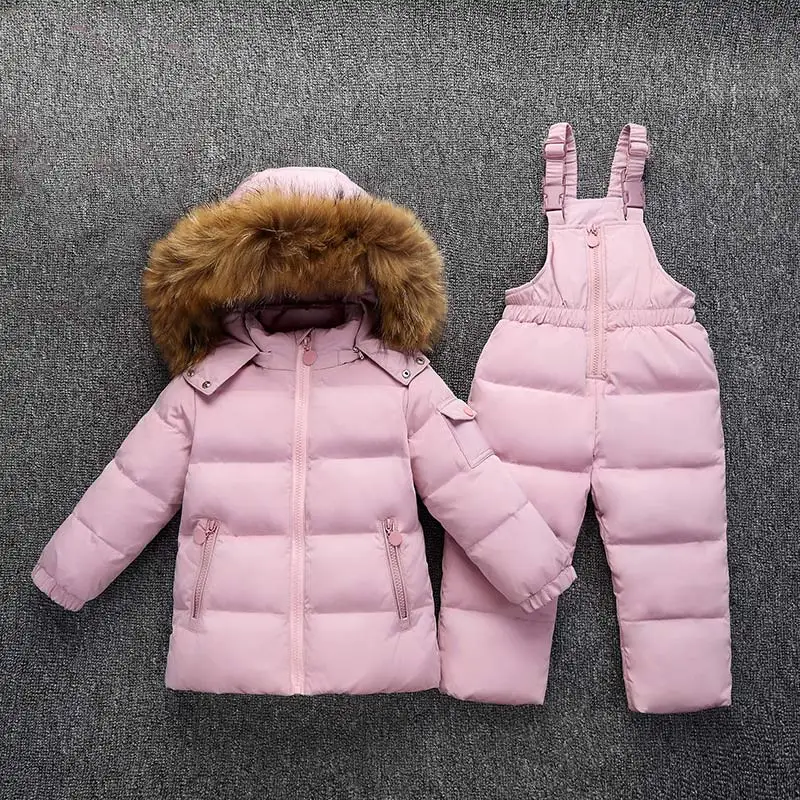 Pink Одежда для девочек и мальчиков детские куртки с капюшоном+ комбинезон, штаны детская одежда на утином пуху плотная верхняя одежда с мехом енота, костюм детская одежда - Цвет: Pink