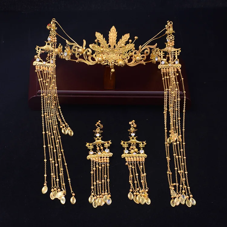 

New gold bridal head wear Chinese style dragon Phoenix Phoenix crown hair hoop long Tassel wedding accessories
