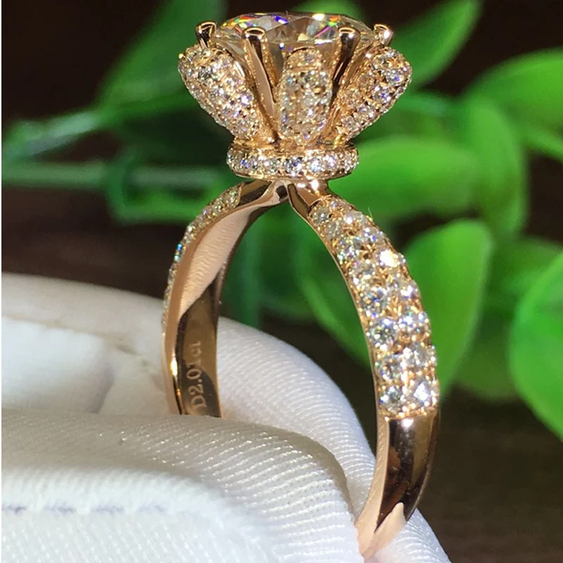 2 карат 18K розовое золото Moissanite бриллиантовое кольцо роза цветок Роскошная корона