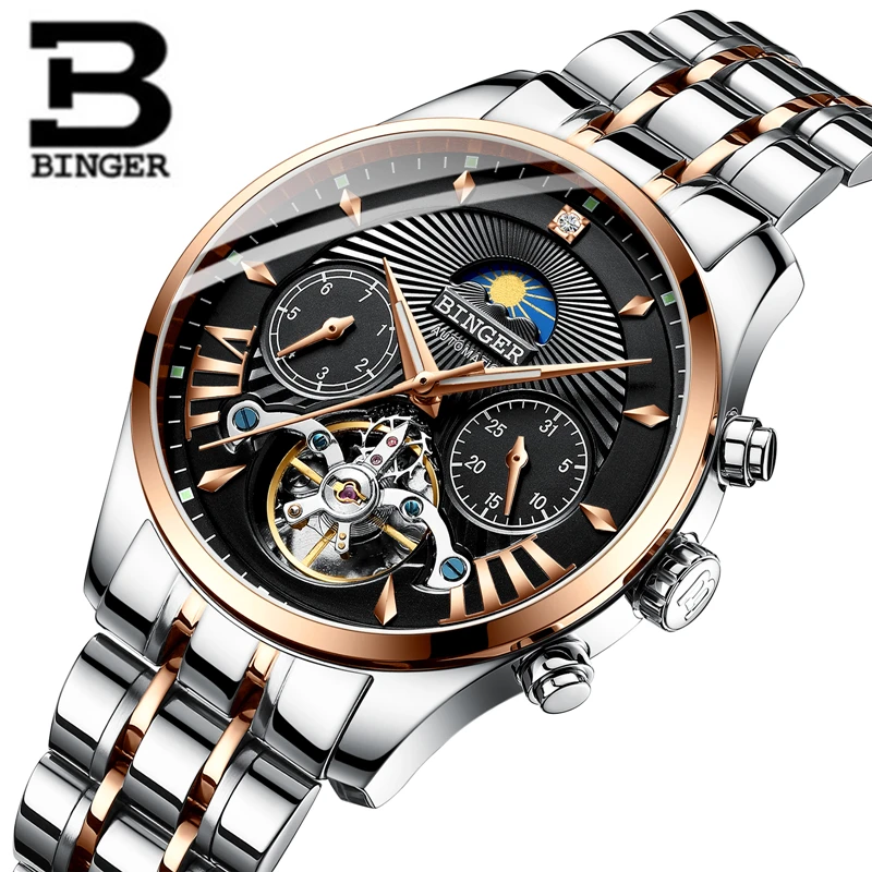 

Binger top brand luxury men watch leather tourbillon automatic mechanical watches mens reloj hombre relogio masculino full steel