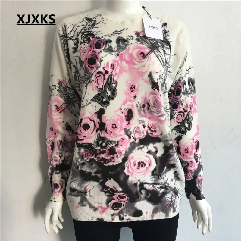 Style 4 XJXKS размера плюс, цветочный принт, пуловеры, свитер для женщин, джемпер, весна, осень, больше размера, пуловер, Повседневная мода, женские свитера - Цвет: Style 4