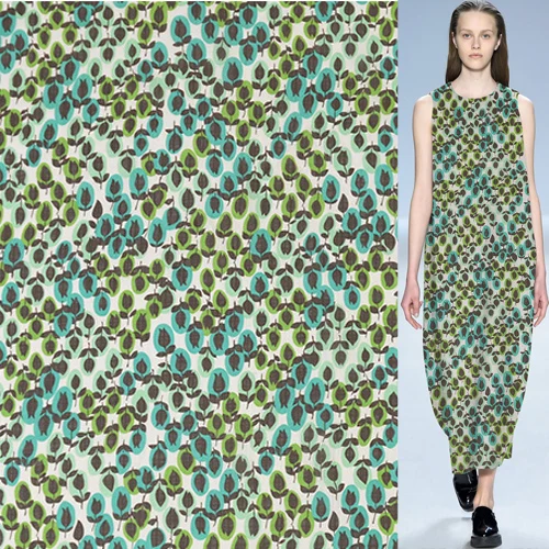 Ткань из смесового шелка и хлопка с зелеными синими листьями SCT550|Ткань| |