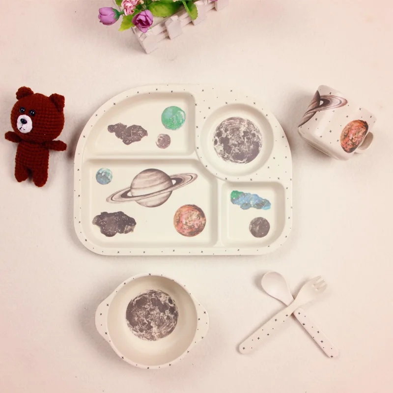 

5pcs/set Bamboo Fiber Children Tableware Set Baby Feeding Plates Dishes Bowl With Cup Fork Spoon Cartoon Animal Kids Dinnerware
