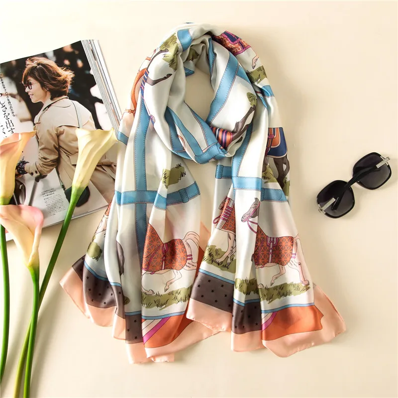 Natural Silk Scarf Luxury Brand Women Neckerchief Summer Horse Printed Shawls Wrap Foulard Hijab Long Head Scarves Stoles | Аксессуары