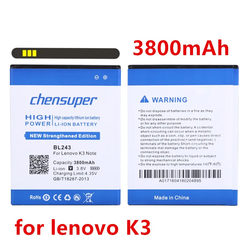 

chensuper New arrived 3800mAh BL243 Mobile Phone Battery Use for lenovo K3 Note K50-T5 A7000 A5500 A5600 A7600