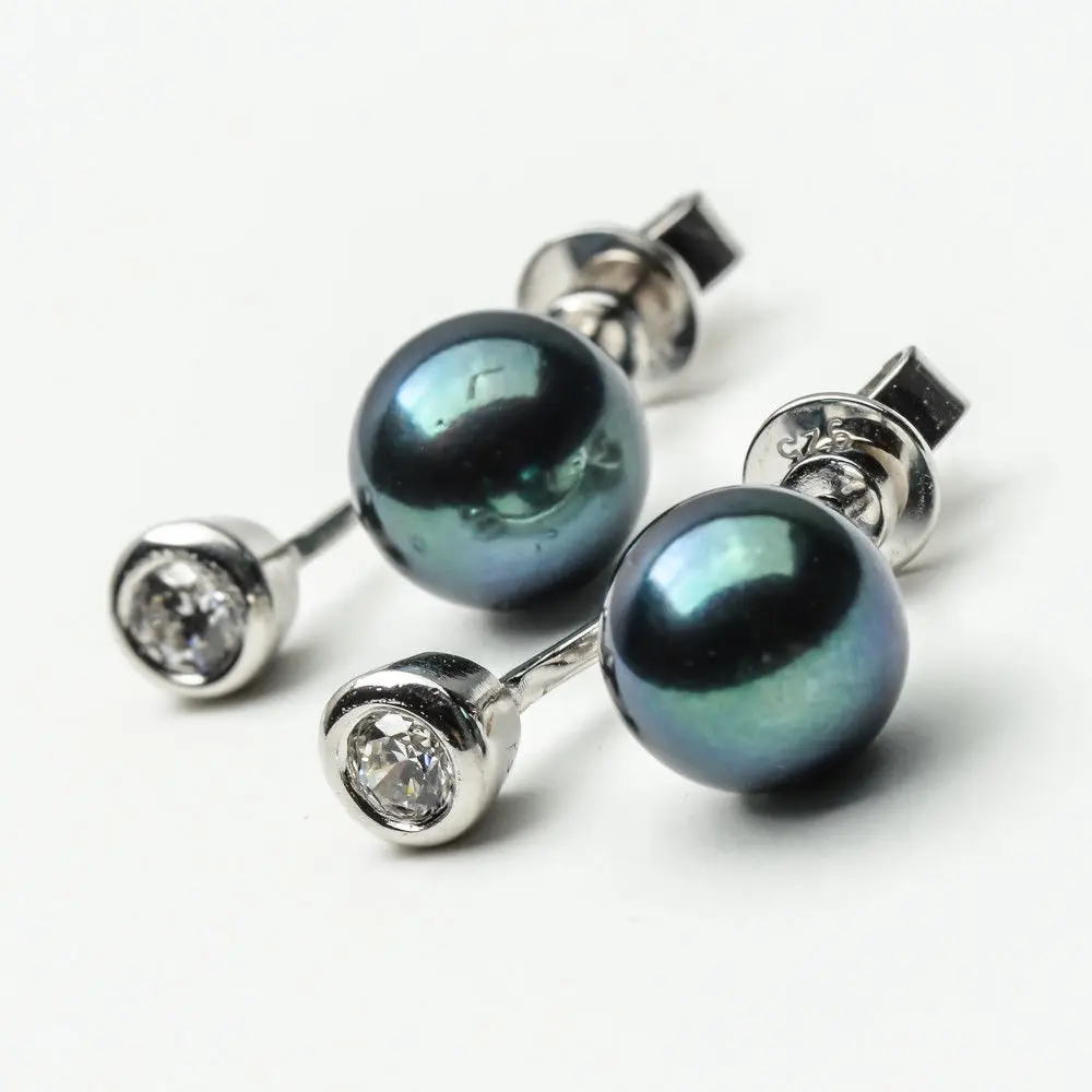 7.5-7.6mm Round Black Green Real Akoya Pearl Earrings 925 Sterling Silver | Украшения и аксессуары