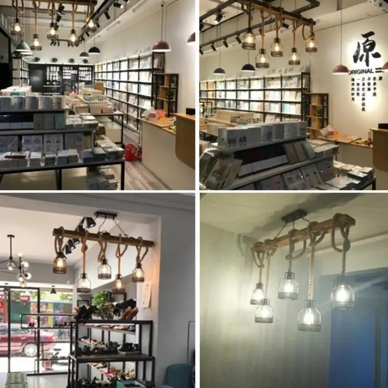 

American retro wood hemp rope hanging lights for farmhouse kitchen clothing store restaurant decor pendant light fixtures