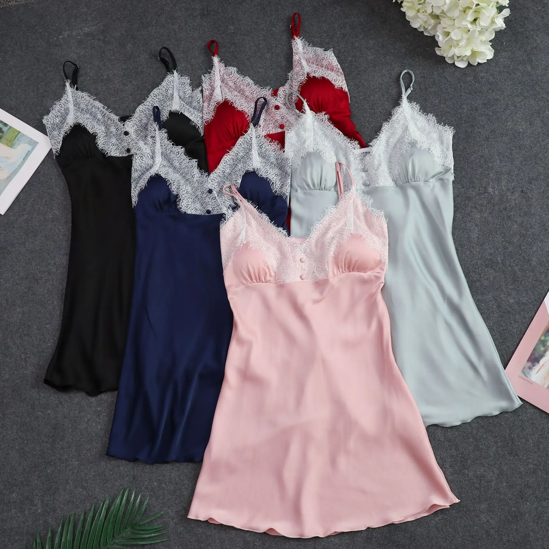 

Sexy Navy Blue Womens Nightwear Lace Nightdress Nighty Mini Nightgown Suspender Skirt Sleepwear Rayon Sleeveless For Female M-XL