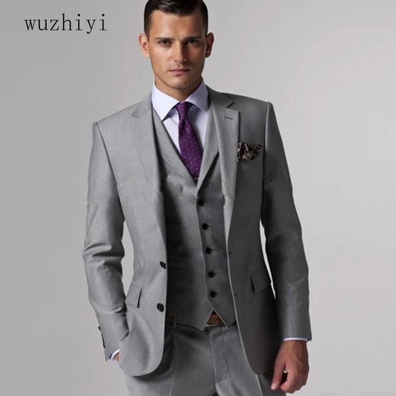 Wuzhiyi костюм жениха Мужские костюмы slim fit на заказ серый мужской костюм, terno masculino Серый Свадебный Жених из мужчин