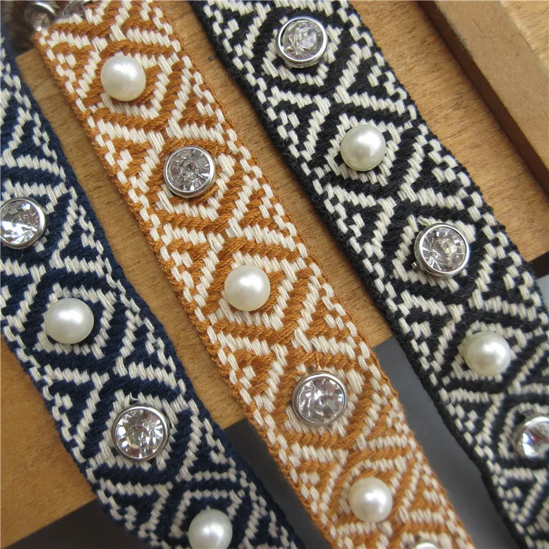 Винтажные 25 мм Ширина хлопок жемчуг стразы вышитые кружева отделка ленты из