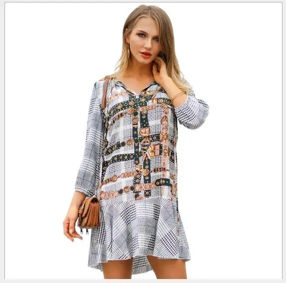 Women Dress 2019 New Spring V-Neck Long Sleeve Mini Female Outwear Fashion Casual Pullover Slim Fit Printing A-Line | Женская одежда