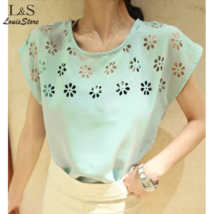 Новый 2014 Женская Мода Лето Элегантный майка Цветы Полые Свободные Batwing Рукавом О
