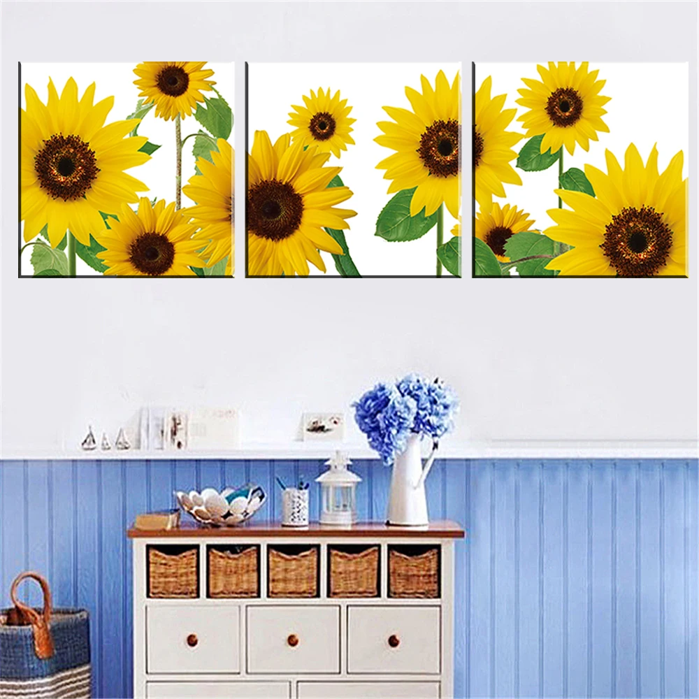 No Frame Modern Sunflower Oil Picture Abstract Painting on Canvas Wall Art Sticker Flowers Home Decor Room Decoration 3 Panel | Дом и сад