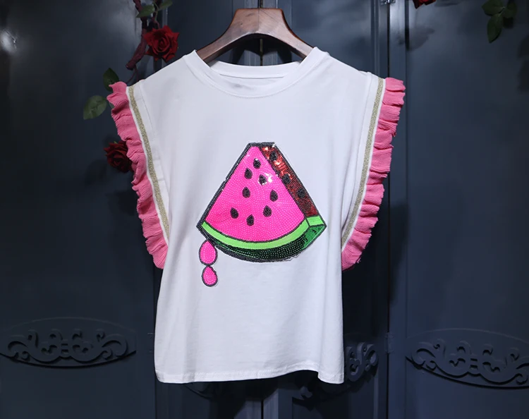 Amolapha Women Sequined Watermelon Butterfly Sleeve Tshirts Tees Woman Ruffles Patchwork Jumper Tops Clothing | Женская одежда