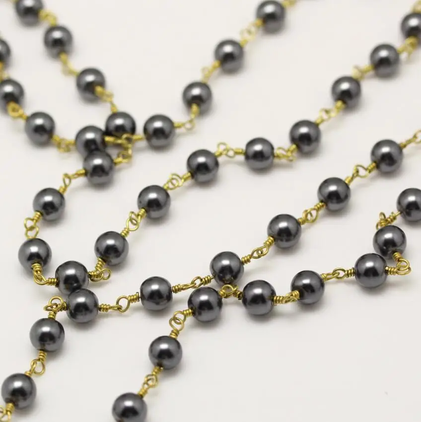 Gun Black Glass Pearl Chains Jewelry Crafts 6mm Smooth Round Beads with Wire Wrapped Brass Links Necklace Bracelet Making DIY | Украшения и