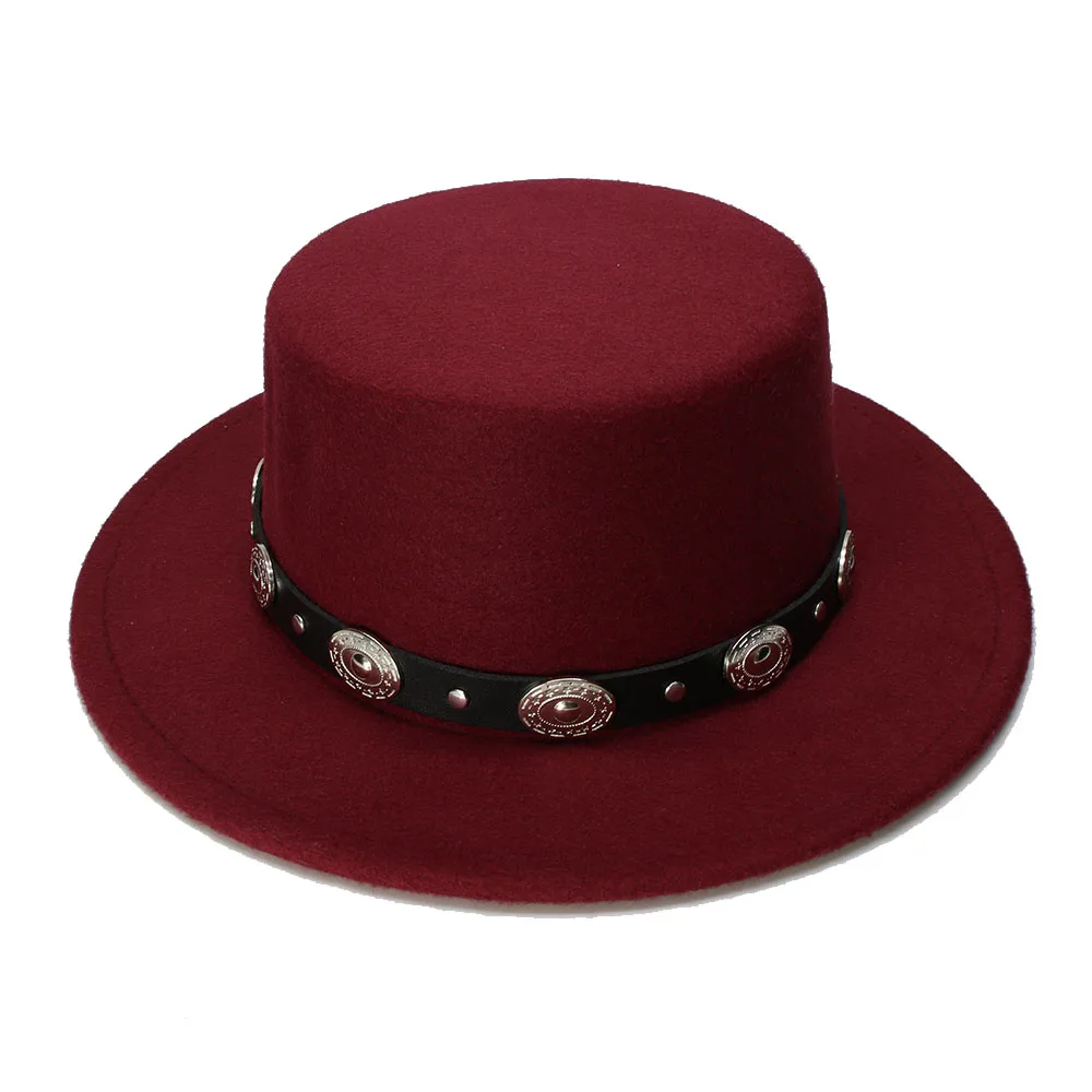

LUCKYLIANJI Women Men Vintage 100% Wool Wide Brim Cap Pork Pie Porkpie Bowler Hat Punk Alloy Bead Leather Band (57cm/Adjusted)