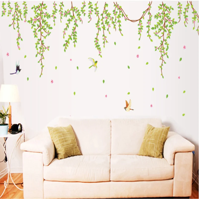 Большая наклейка с зелеными листьями и розовыми цветами виниловая настенная