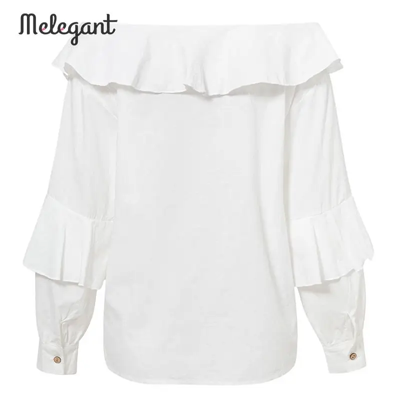 Melegant Solid Elegant White Women Blouse Shirt Sexy One Shoulder Blouses Tops Lantern Sleeve |