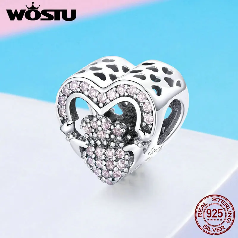 WOSTU, настоящая 925 пробы, Серебряная корона, розовое сердце, бусины, циркониевые амулеты, подходит для браслета, кулон для женщин, серебряные ювелирные изделия, FIC1066