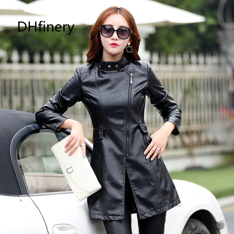 Spring and autumn medium-long leather jacket long-sleeve female  high quality elegant fashion slim leather Explosive M-5XL 6608