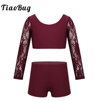 tiaobug kids teens two piece dance wear girls lace long sleeves ballet gymnastics crop top with shorts stage dance costume set