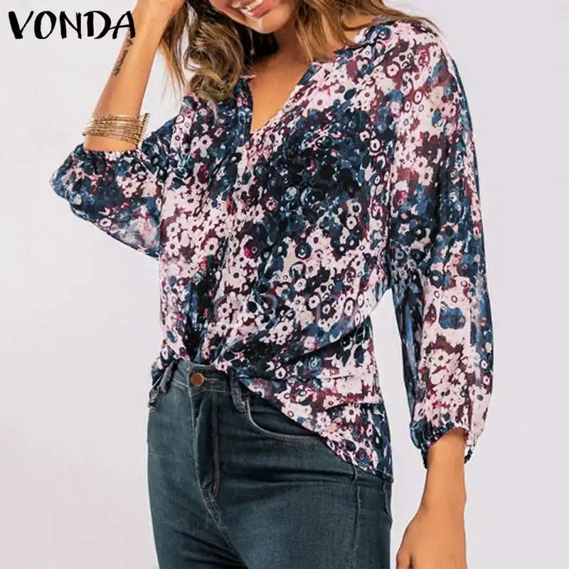 VONDA, женские блузки, осень, сексуальные, v-образный вырез, длинный рукав, с принтом, рубашки, повседневные, свободные, Blusas Femininas, топы размера плюс