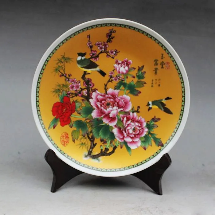 

Фарфоровая тарелка, Расписанная птицами и цветами, изысканная китайская ручная работа, Архаическая семейная Роза
