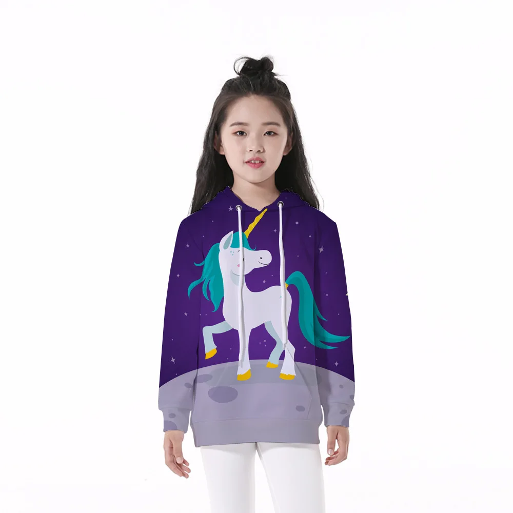 

Girls 4-12 Y Spring Autumn Hooded Long Sleeve 3D Digital Print Planet Unicorn Pattern Hoodies Casual Loose Fit Girls Hoodies