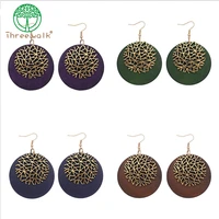 e253 vintage gold metal leaves round wooden drop earrings for women girl bijoux fashion jewelry wholesale