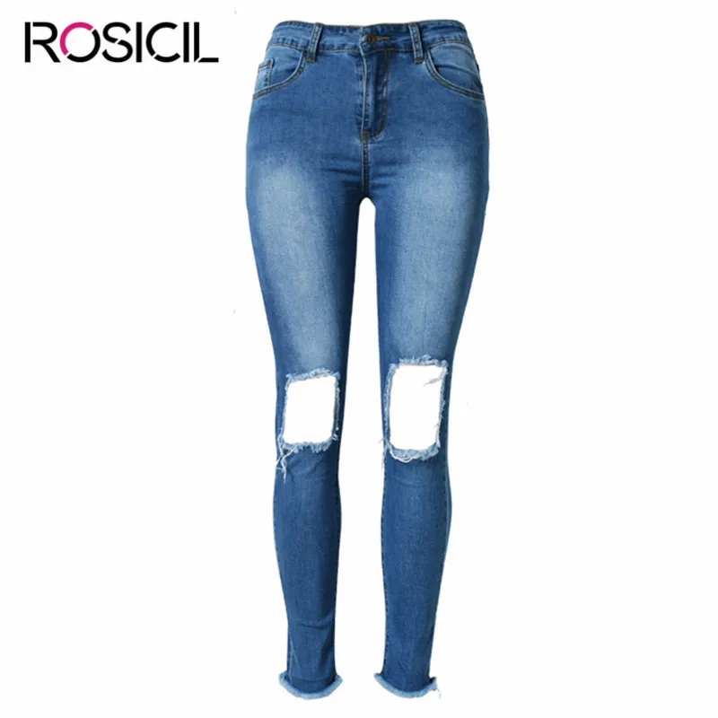 Высокая Талия Для женщин Джинсы для рваные Distressed Denim стрейч карандаш Брюки