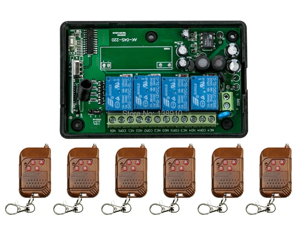 AC85V 250V 110V 220V 240V 4CH RF беспроводной пульт дистанционного управления реле системы безопасности 1 x приемник и 6 x передатчик 315/433 МГц
