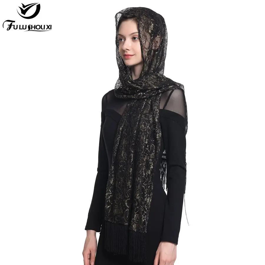 Длинные черные Золотая ажурная Blossom Новое Дизайн шарф длинный Ленточки Ретро